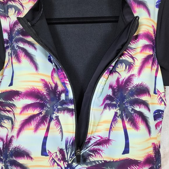 Women's sz XL Zip Front Palm Tree Print Short Sleeve Swim Suit - EXCELLENT - Picture 4 of 14